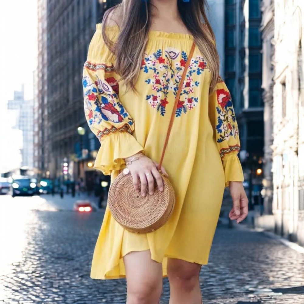 R.VIOIMOS (LG) Off Shoulder Embroidered Mustard Color Lined Dress
